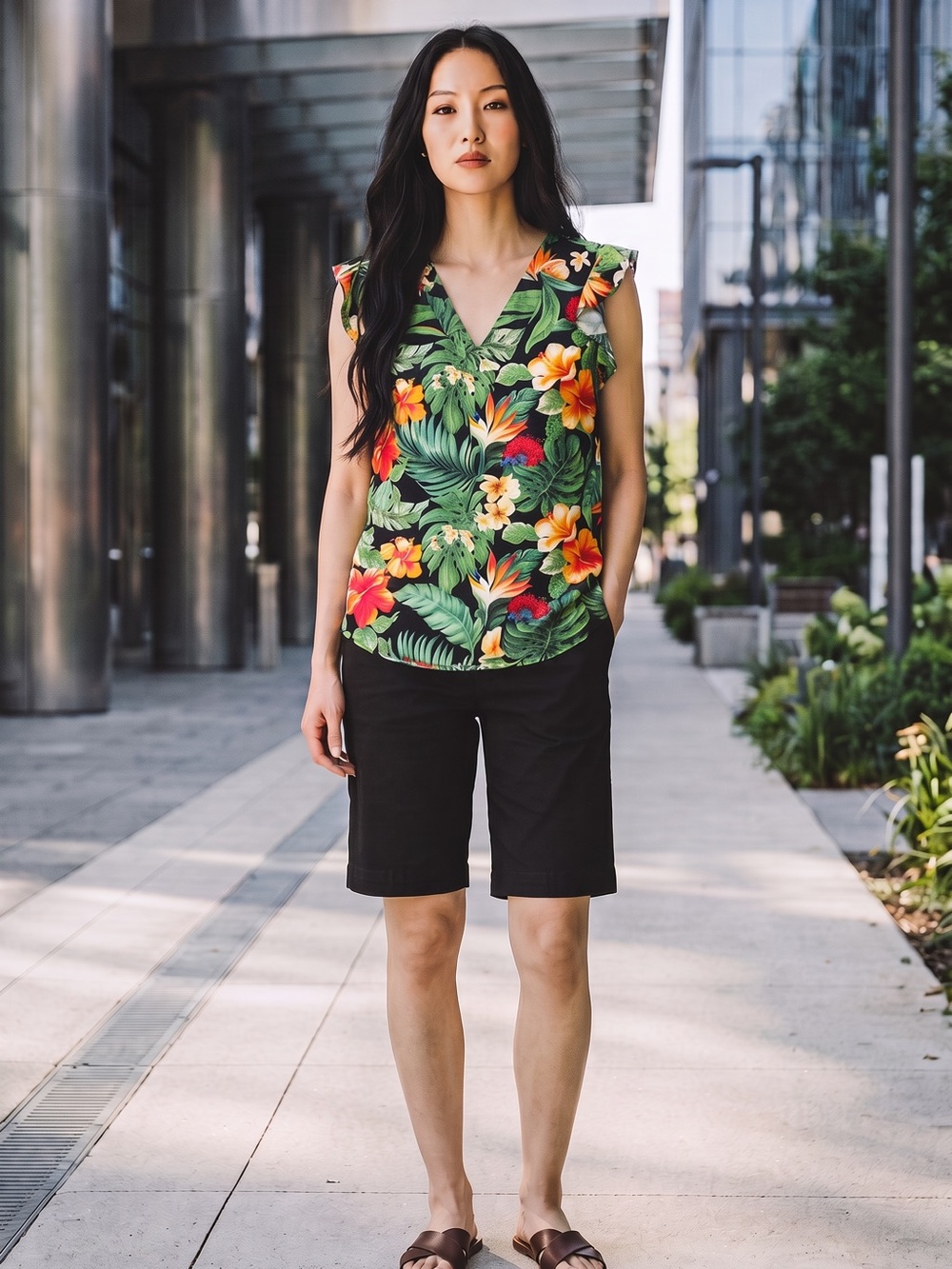 Christian Siriano Black Tropical Print Sleeveless Tunic